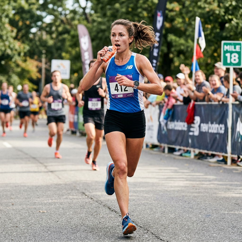 Female marathon runner drinking from an energy gel pack with other runners and spectators in background