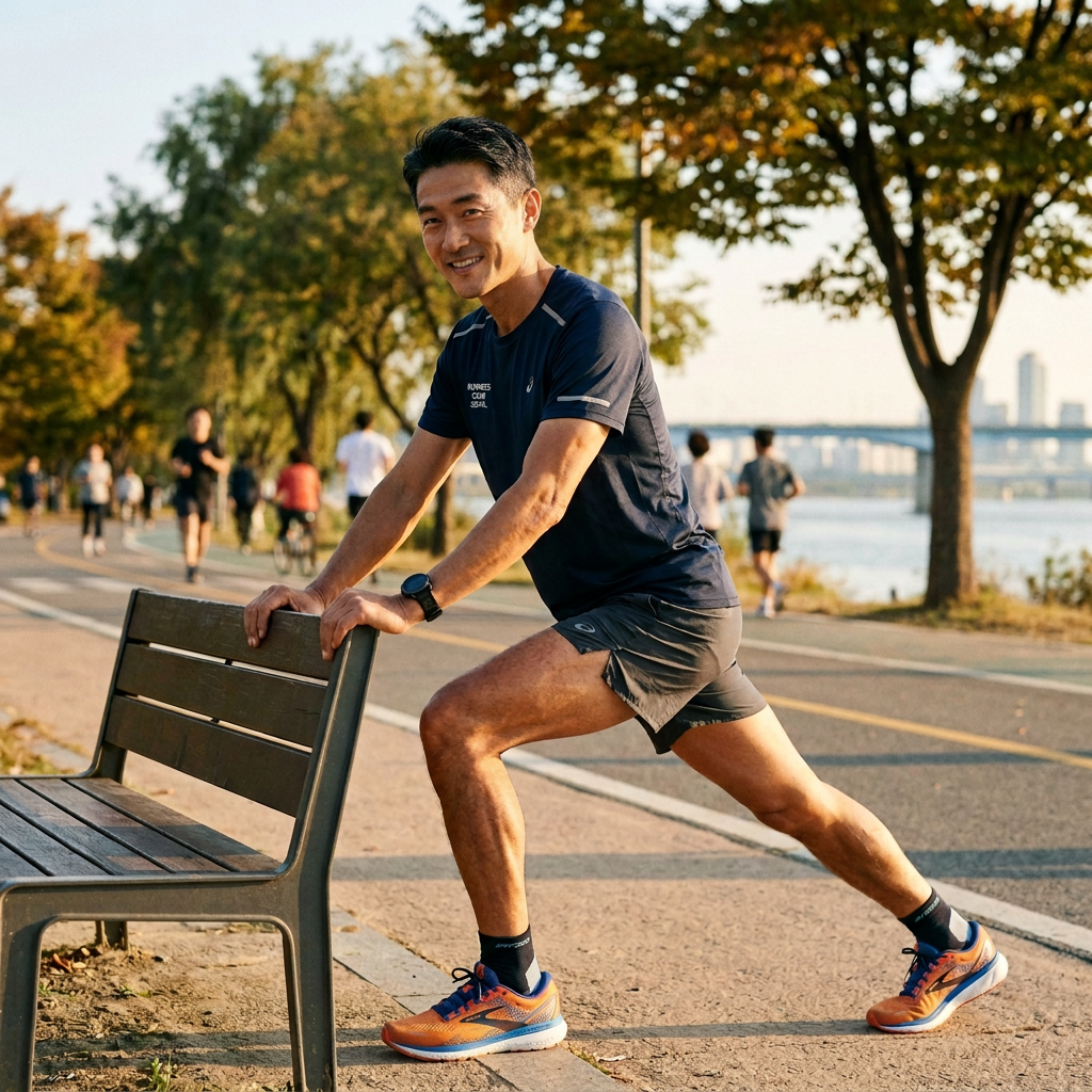 Man stretching leg muscles with hands on bench beside a running path