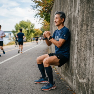 Man in athletic clothes doing wall sit exercise against concrete wall by river path